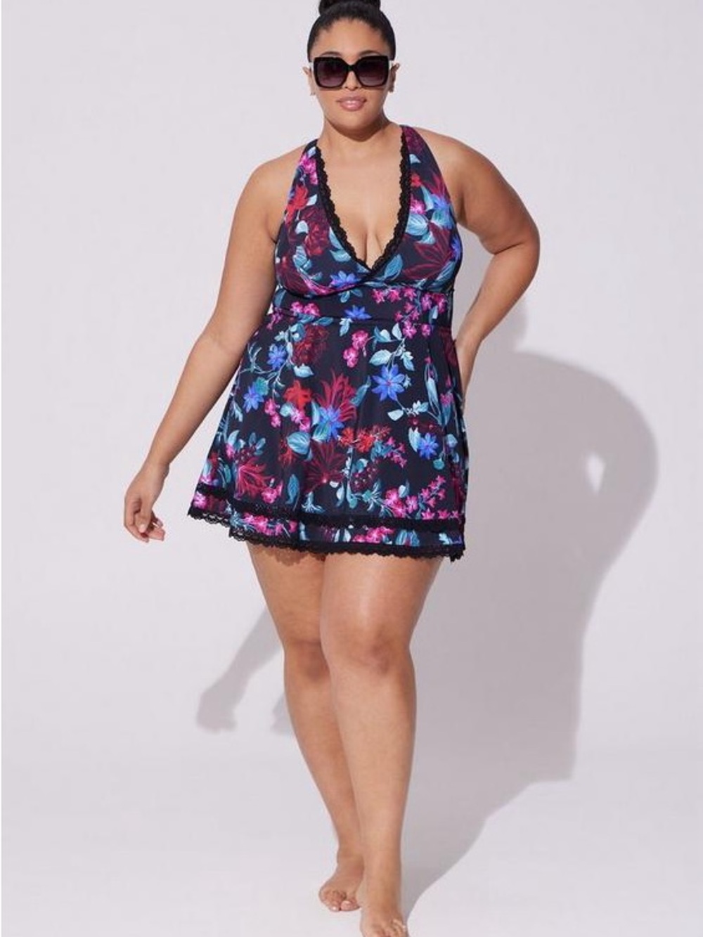 torrid Black Floral Halter Swim Dress with Pink & Teal Accents - Picture 2 of 7